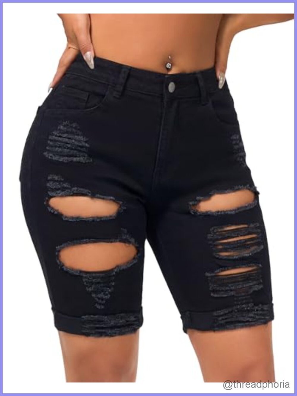 Ripped Denim Bermuda Shorts Mid Rise Stretchy Knee Length Distressed